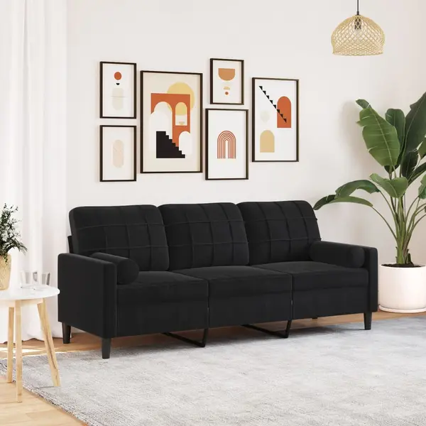 Gossi canapea cu 3 locuri cu pernute, negru, 180 cm, catifea