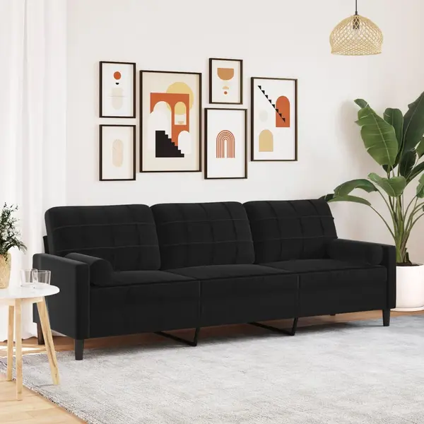Gossi canapea cu 3 locuri cu pernute, negru, 210 cm, catifea