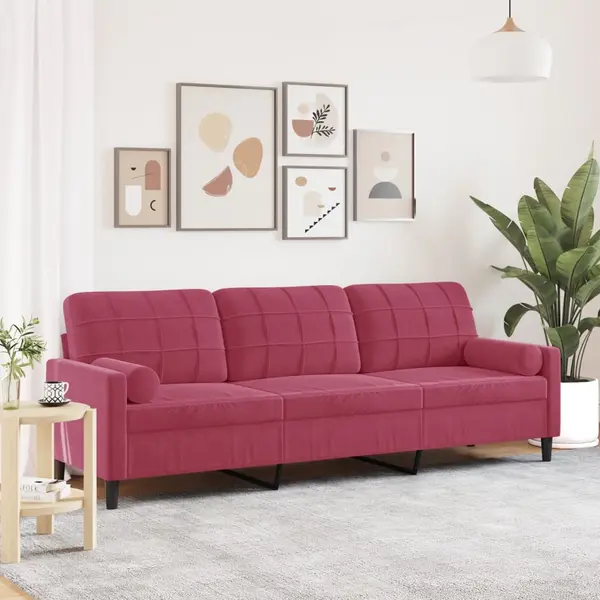 Gossi canapea cu 3 locuri cu pernute, rosu vin, 210 cm, catifea