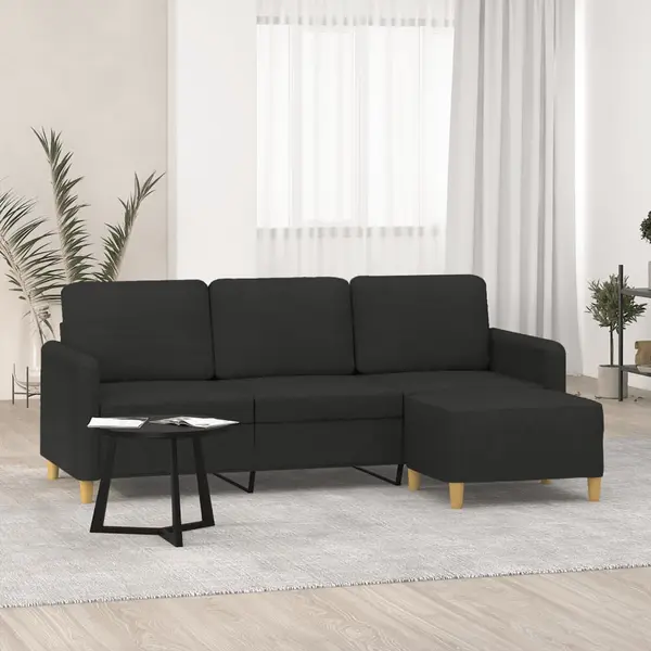 Gossi canapea cu 3 locuri cu taburet, negru, 180 cm, material textil