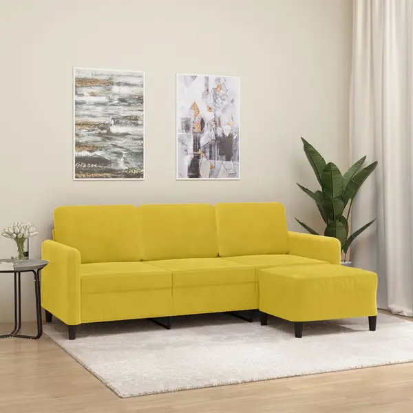 Gossi canapea cu 3 locuri si taburet, galben, 180 cm, catifea