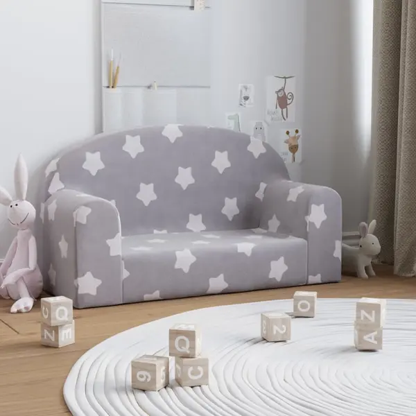 Gossi canapea de copii cu 2 locuri, gri deschis cu stele, plus moale