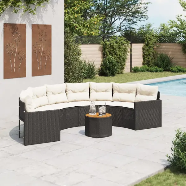 Gossi canapea de gradina cu perne, semi-rotunda, negru, poliratan