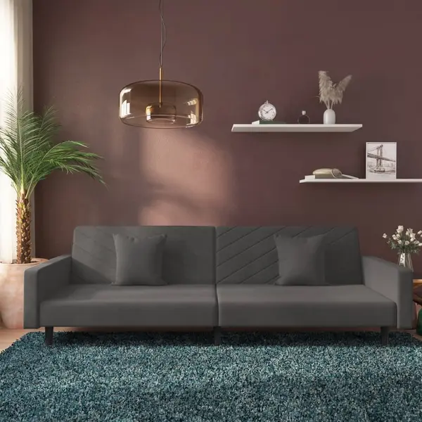 Gossi canapea extensibila cu 2 locuri, 2 perne, gri inchis, catifea