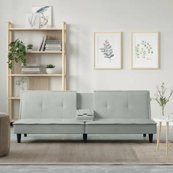 Gossi canapea extensibila cu suporturi de pahar, gri deschis, catifea