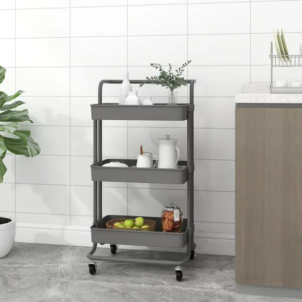 Gossi carucior de bucatarie 3 niveluri gri 42x35x85 cm fier si abs