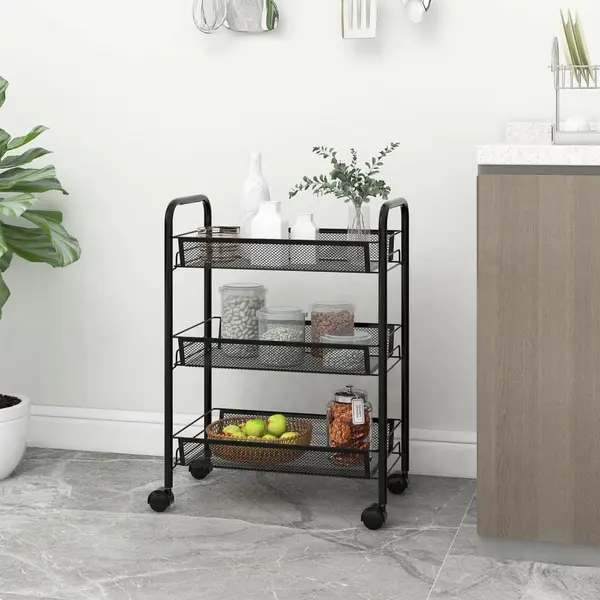 Gossi carucior de bucatarie, 3 niveluri, negru, 46x26x64 cm, fier