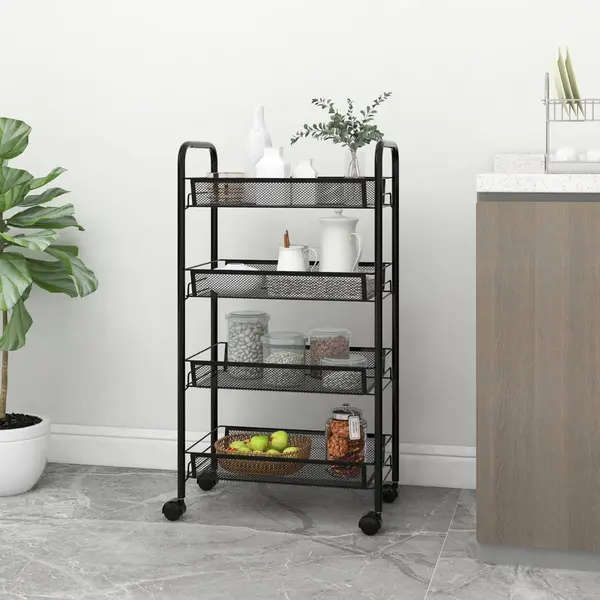 Gossi carucior de bucatarie, 4 niveluri, negru, 46x26x85 cm, fier