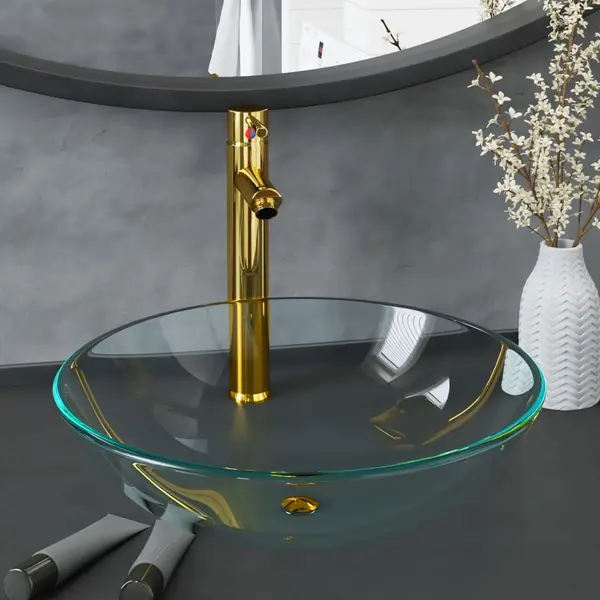 Gossi chiuveta baie robinet si scurgere tip push, transparent, sticla