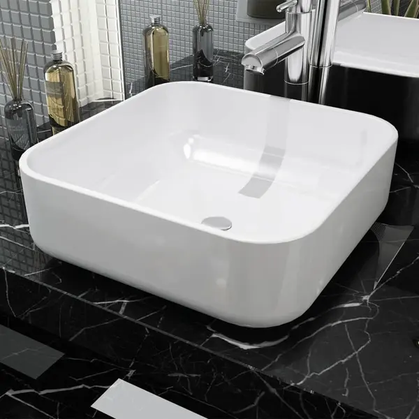 Gossi chiuveta de baie din ceramica, patrata, 39x39x13,5 cm, alb