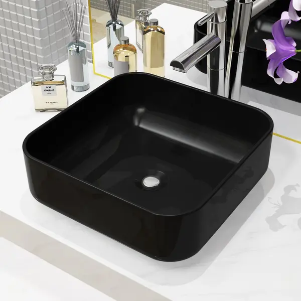 Gossi chiuveta de baie din ceramica, patrata, negru, 38x38x13,5 cm