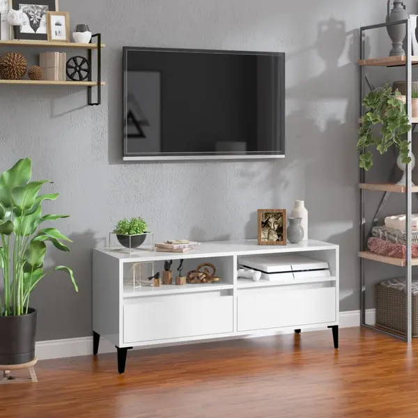 Gossi comoda tv, alb extralucios, 100x34,5x44,5 cm, lemn prelucrat