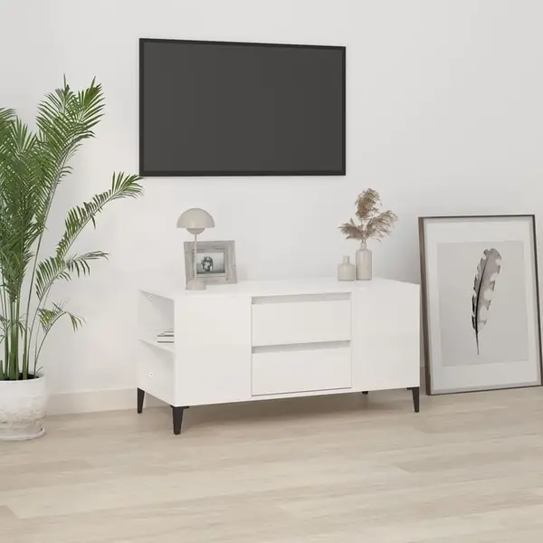 Gossi comoda tv, alb extralucios, 102x44,5x50 cm, lemn prelucrat
