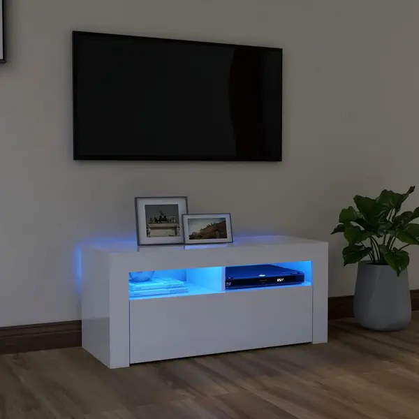 Gossi comoda tv cu lumini led, alb extralucios, 90x35x40 cm