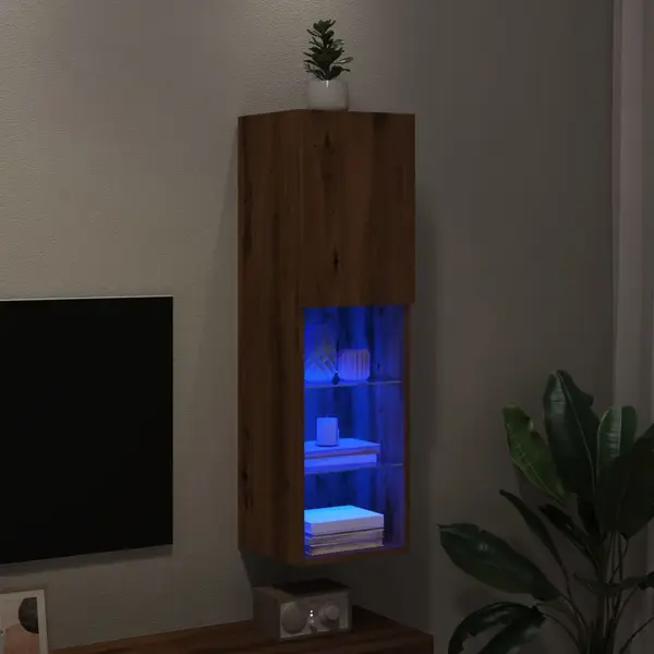 Gossi comoda tv cu lumini led, stejar artizanal, 30,5x30x102 cm