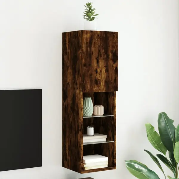 Gossi comoda tv cu lumini led, stejar fumuriu, 30,5x30x102 cm