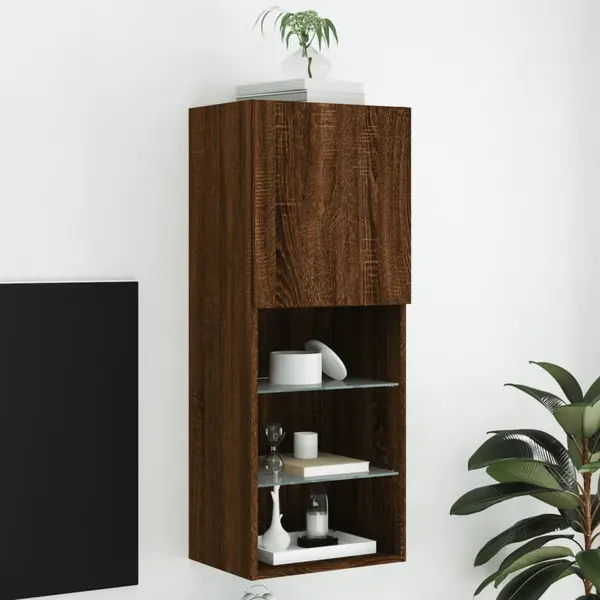 Gossi comoda tv cu lumini led, stejar maro, 40,5x30x102 cm