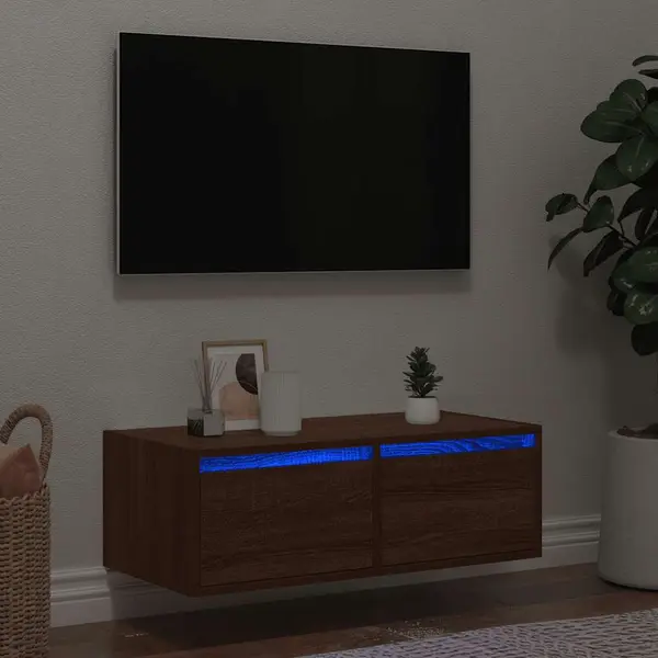 Gossi comoda tv cu lumini led, stejar maro, 75x35,5x25 cm