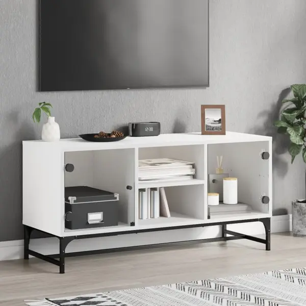 Gossi comoda tv cu usi din sticla, alb, 102x37x50 cm