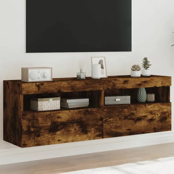Gossi comoda tv de perete cu led, 2 buc. stejar fumuriu, 60x30x40 cm