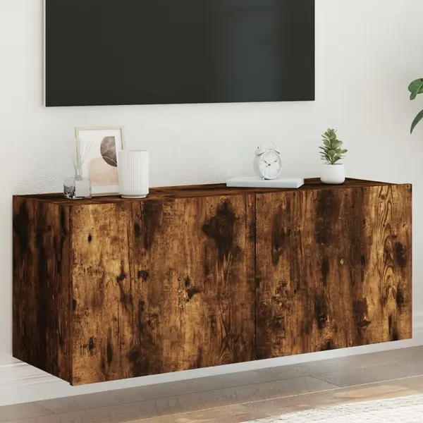 Gossi comoda tv de perete cu lumini led, stejar fumuriu, 100x35x41 cm