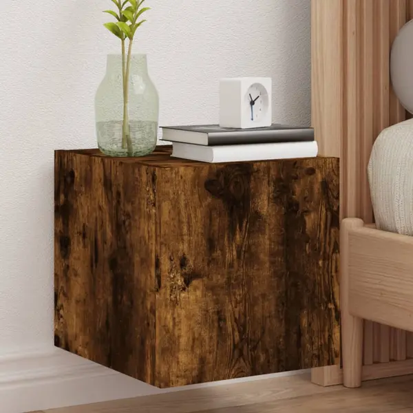 Gossi comoda tv de perete cu lumini led, stejar fumuriu, 30,5x35x30cm