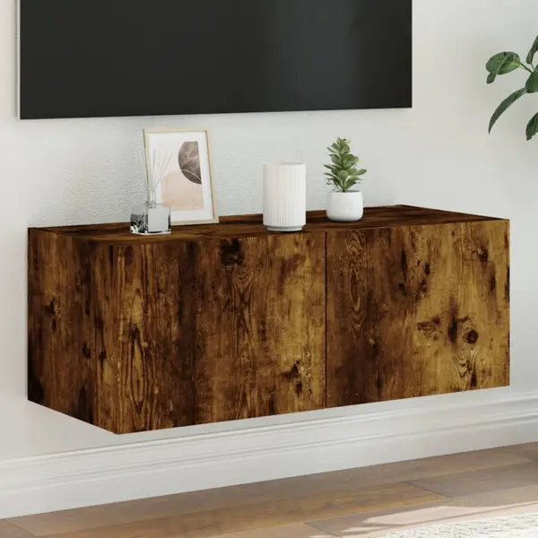 Gossi comoda tv de perete cu lumini led, stejar fumuriu, 80x35x31 cm