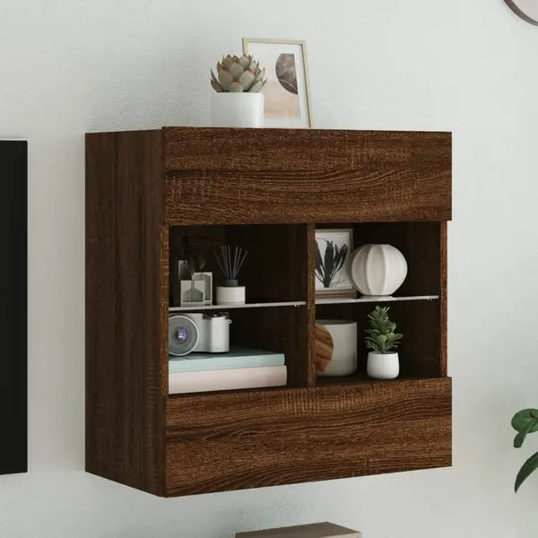 Gossi comoda tv de perete cu lumini led, stejar maro, 58,5x30x60,5 cm