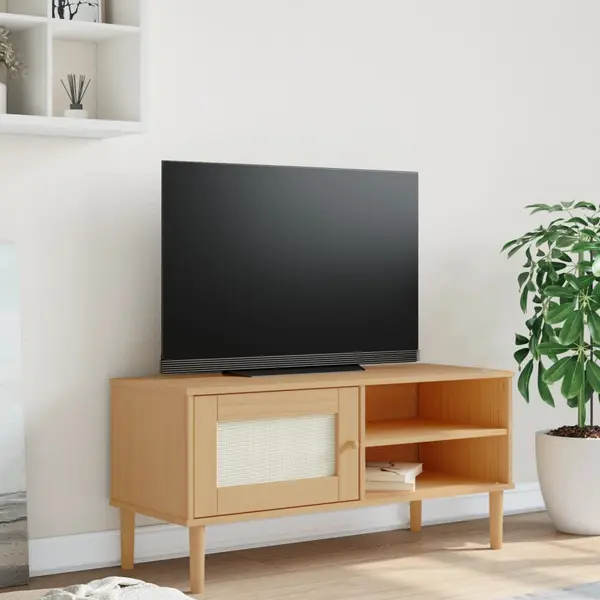 Gossi comoda tv senja aspect ratan maro, 106x40x49 cm, lemn masiv pin