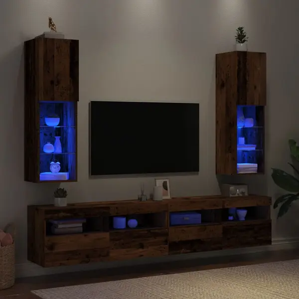 Gossi comode tv cu lumini led, 2 buc., lemn vechi, 30,5x30x102 cm