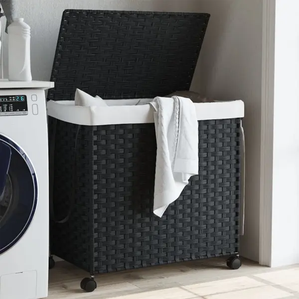 Gossi cos de rufe cu roti, negru, 60x35x60,5 cm, ratan