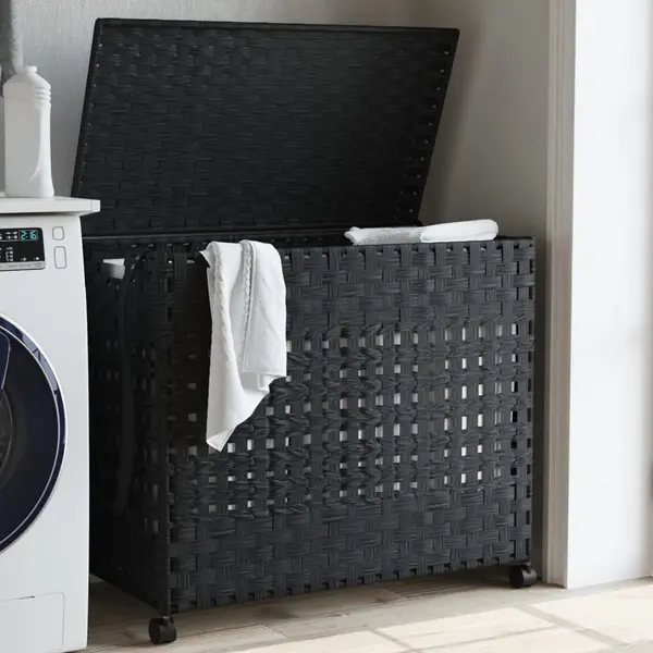Gossi cos de rufe cu roti, negru, 66x35x60 cm, ratan