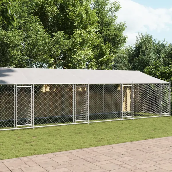 Gossi cusca caini cu acoperis si usi, gri, 10x2x2 m, otel galvanizat