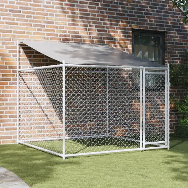 Gossi cusca de caini cu acoperis si usa gri, 2x2x2 m, otel galvanizat