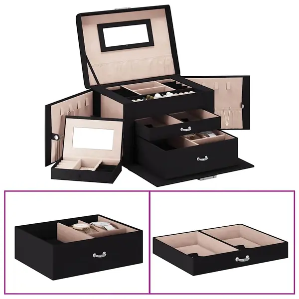 Gossi cutie de bijuterii cu 3 straturi cu oglinda incuiata neagra