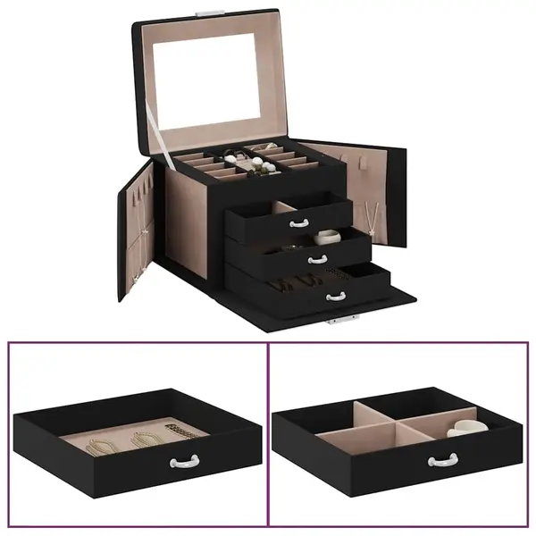 Gossi cutie de bijuterii cu 4 straturi cu oglinda incuiata neagra