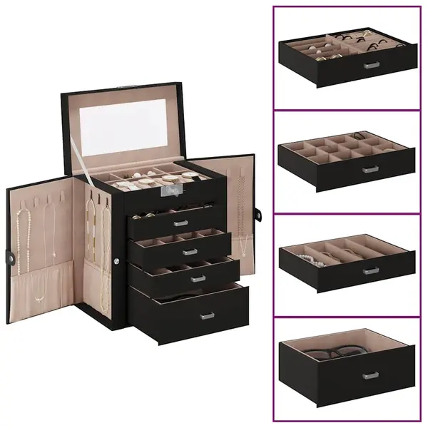 Gossi cutie de bijuterii cu 5 straturi cu oglinda incuiata neagra