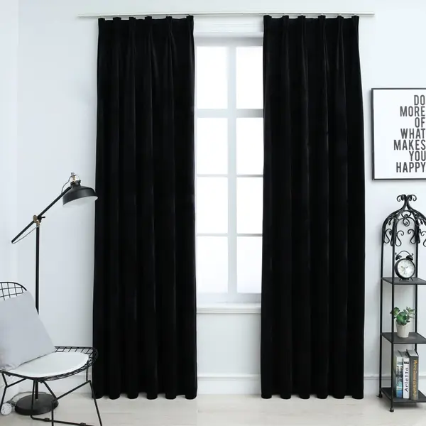 Gossi draperii opace cu carlige, 2 buc., negru, 140x175 cm, catifea