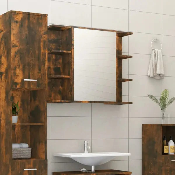 Gossi dulap baie cu oglinda stejar fumuriu 80x20,5x64cm lemn compozit