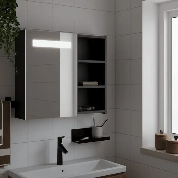 Gossi dulap cu oglinda de baie cu led, negru, 60x13x52 cm