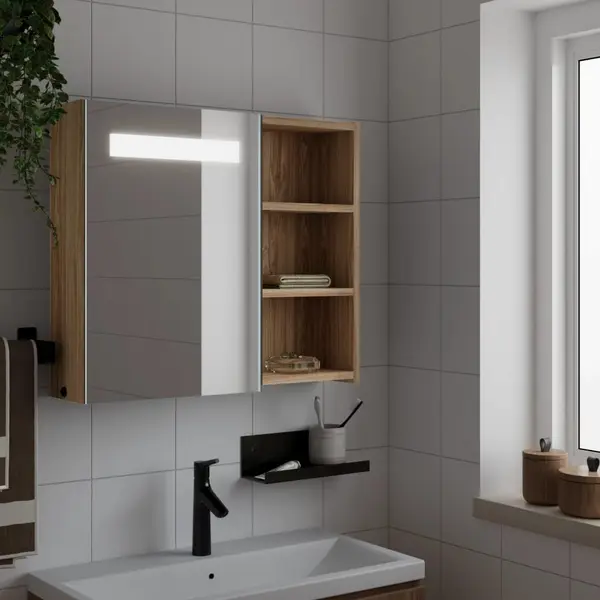 Gossi dulap cu oglinda de baie cu led, stejar deschis, 60x13x52 cm