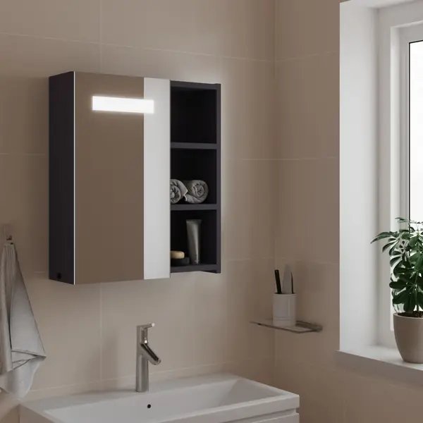 Gossi dulap cu oglinda de baie cu lumina led, gri, 45x13x52 cm