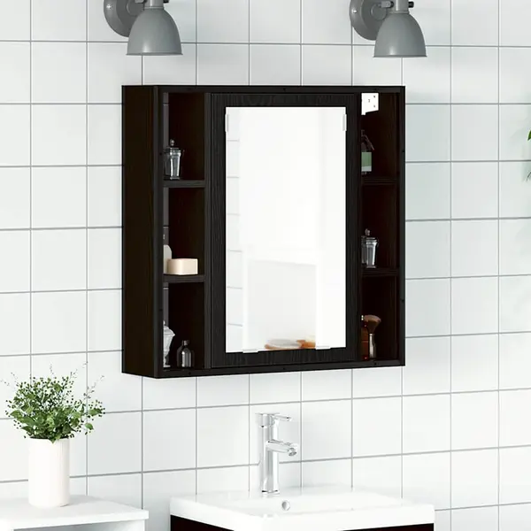 Gossi dulap cu oglinda de baie stejar negru 60x16x60cm lemn prelucrat