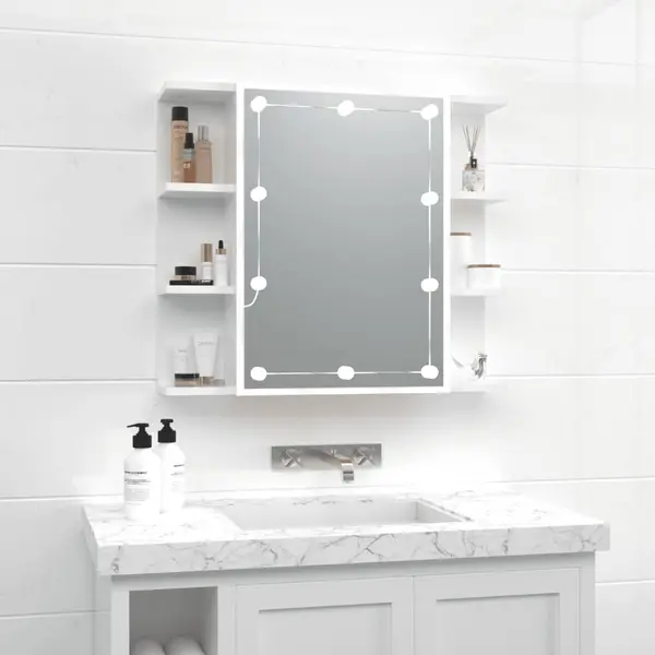 Gossi dulap cu oglinda si led, alb extralucios, 70x16,5x60 cm