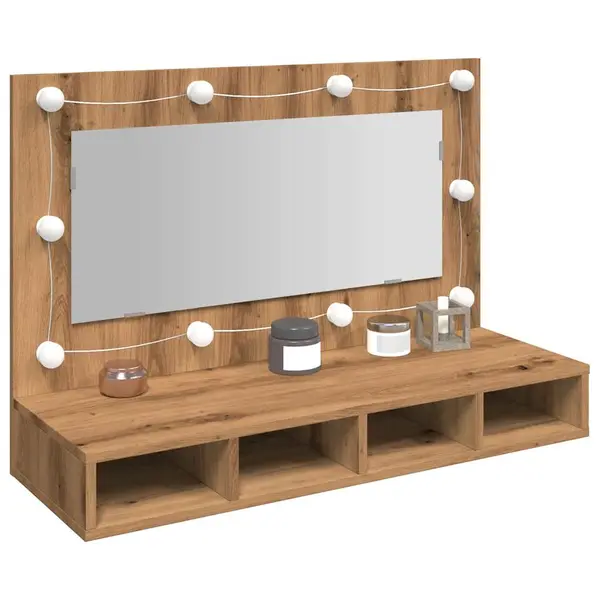 Gossi dulap cu oglinda si led, artisan stejar, 90x31,5x62 cm