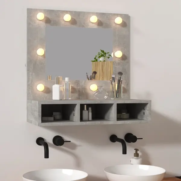 Gossi dulap cu oglinda si led, gri beton, 60x31,5x62 cm