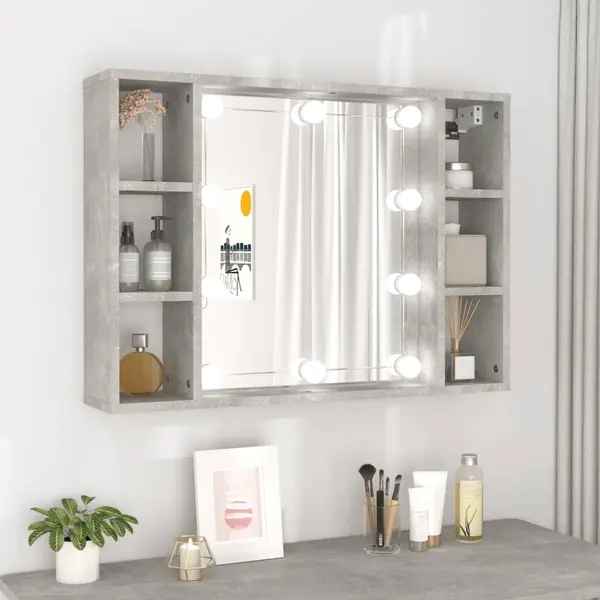 Gossi dulap cu oglinda si led, gri beton, 76x15x55 cm