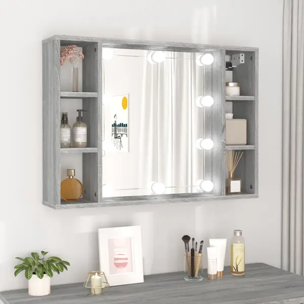 Gossi dulap cu oglinda si led, gri sonoma, 76x15x55 cm