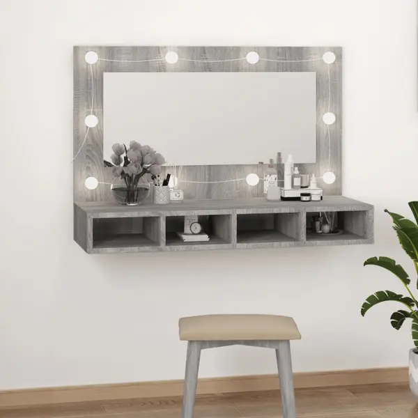 Gossi dulap cu oglinda si led, gri sonoma, 90x31,5x62 cm