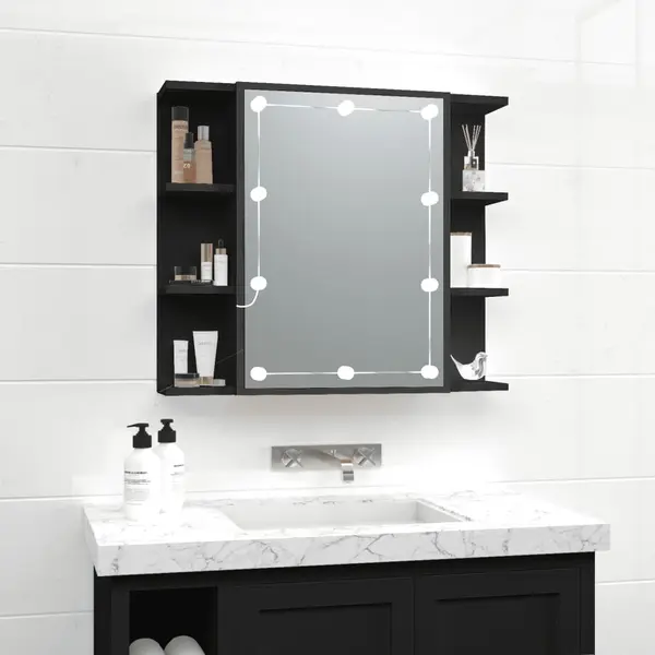 Gossi dulap cu oglinda si led, negru, 70x16,5x60 cm